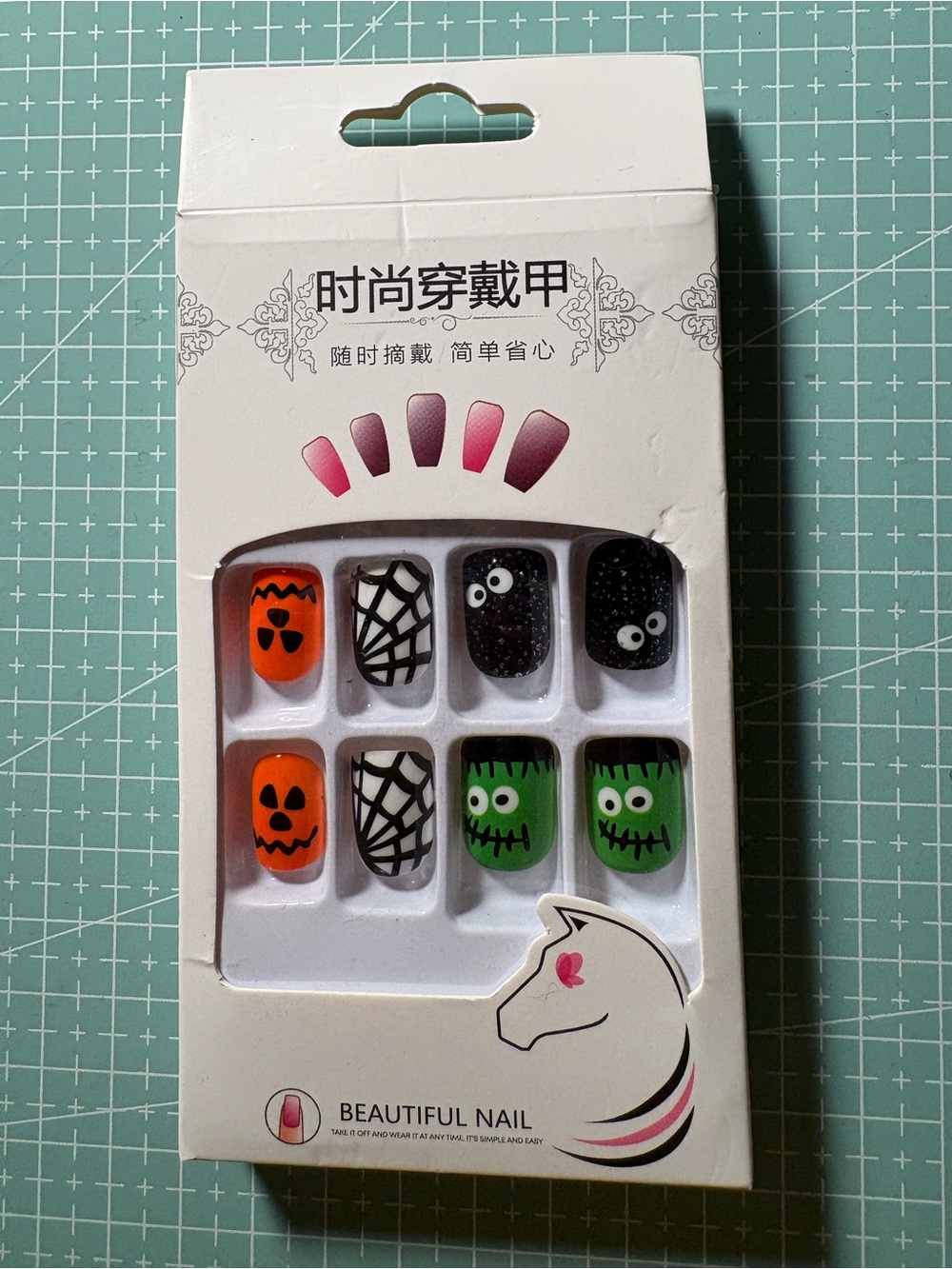 Halloween Press-On Nails - Orange, Black & Green